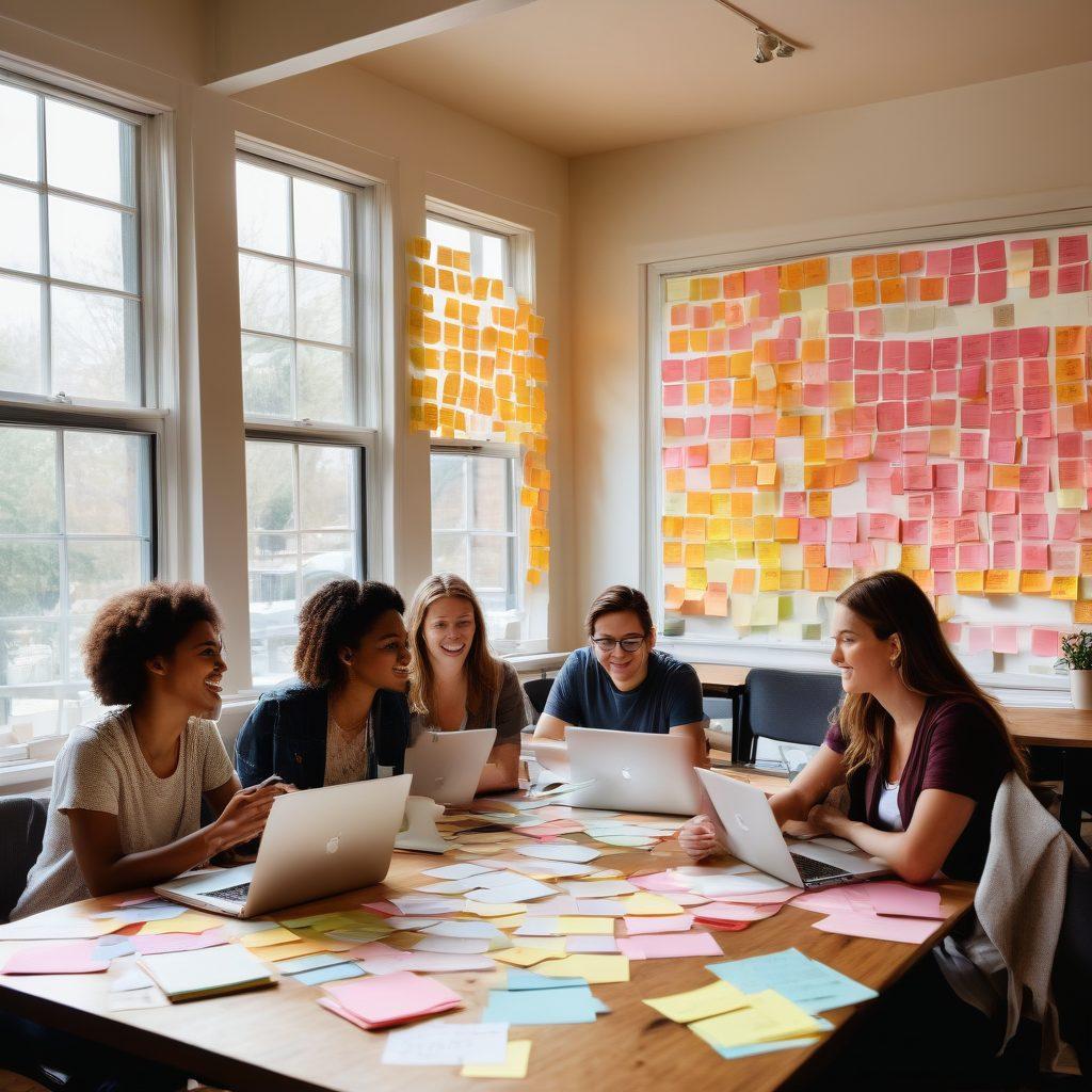 A diverse group of enthusiastic bloggers gathered around a large table filled with laptops, notebooks, and coffee cups, actively sharing ideas and discussing content creation strategies. Vividly colored sticky notes and inspirational quotes decorate the walls, while a warm sunlight streams in through large windows, creating an inviting atmosphere. Include a digital map showcasing their online community connections in the background. vibrant colors. super-realistic. cozy interior.