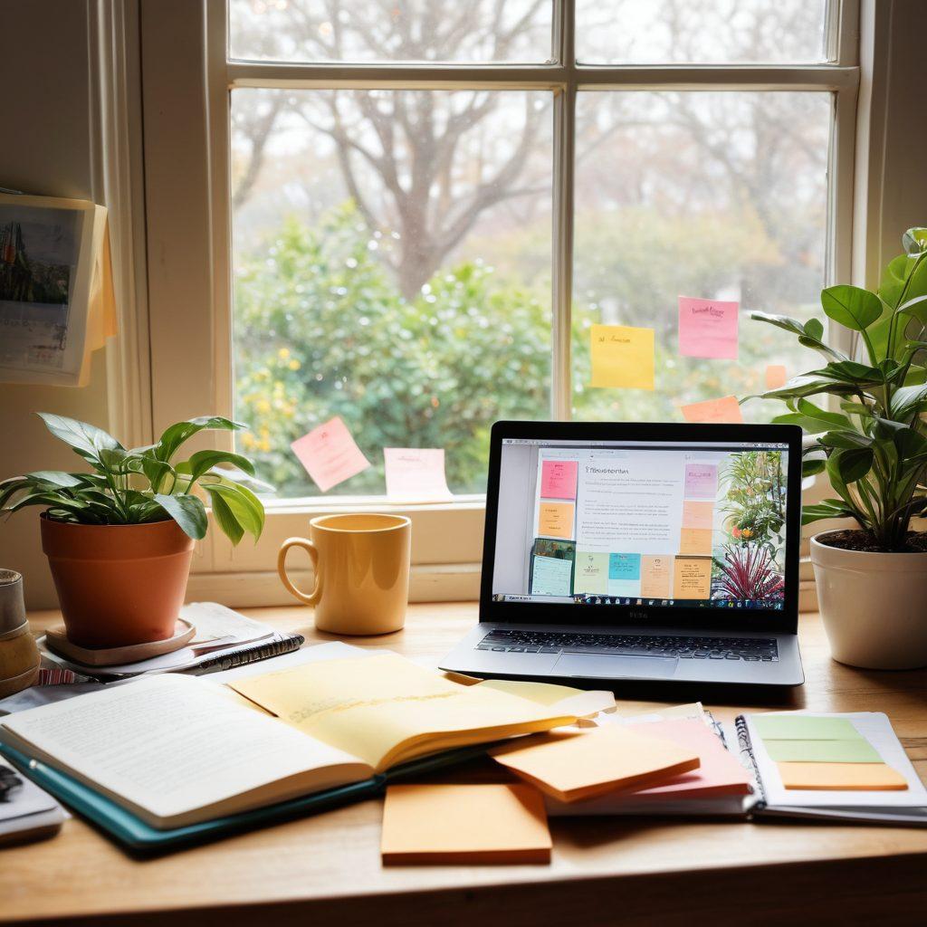 A cozy workspace featuring a laptop with an open blog page, surrounded by a steaming cup of coffee, vibrant notebooks, and colorful sticky notes, highlighting a creative atmosphere for personal journaling. Natural light streaming through a window adds warmth, with a subtle plant in the background. watercolor style. warm colors. soft focus.